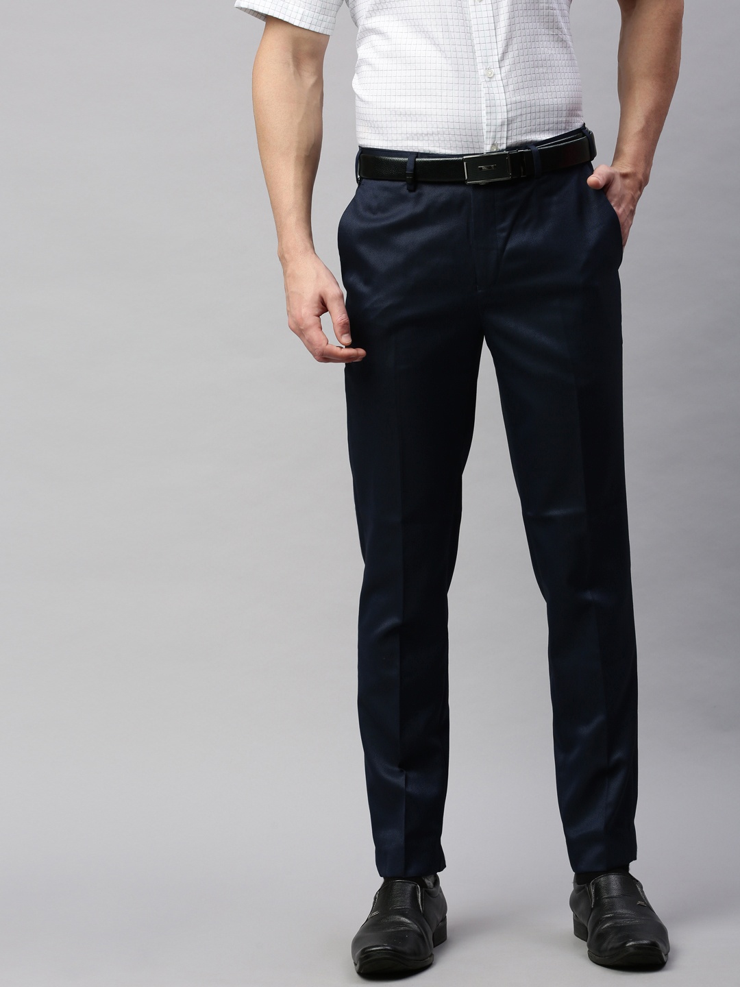 

Park Avenue Men Navy Blue Neo Fit Self Design Formal Trousers