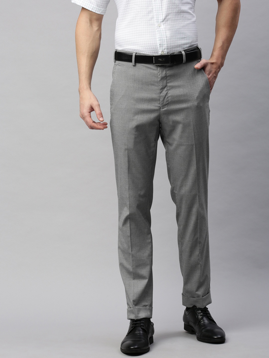

Park Avenue Men Grey & Black Regular Fit Self Design Formal Trousers