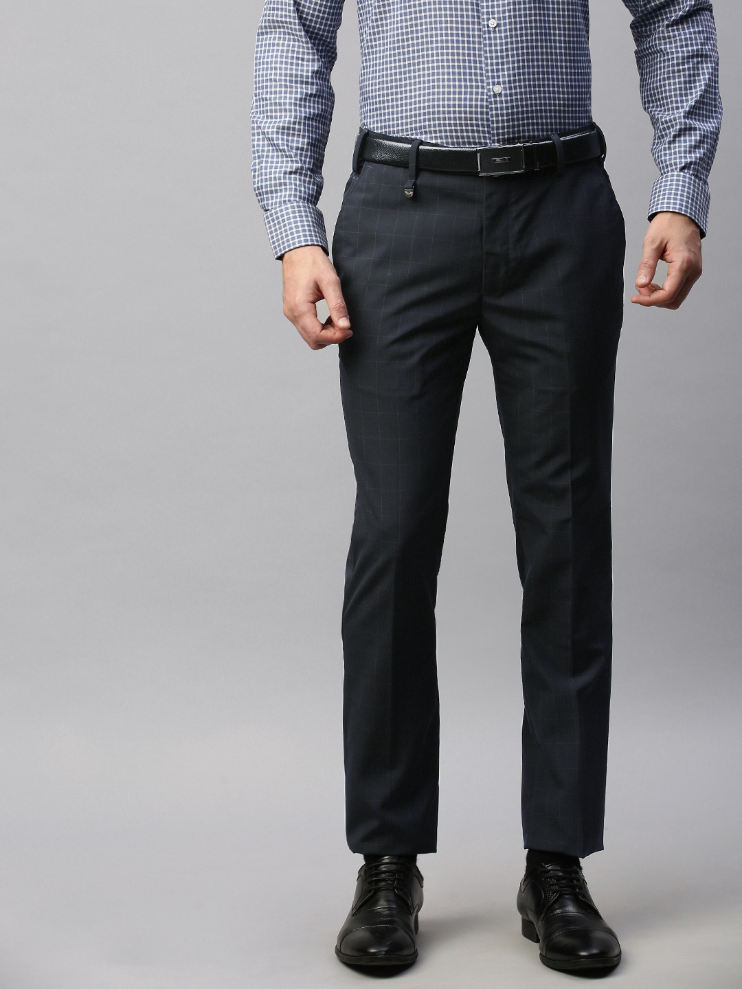 

Park Avenue Men Navy Super Slim Fit Checked Formal Trousers, Navy blue