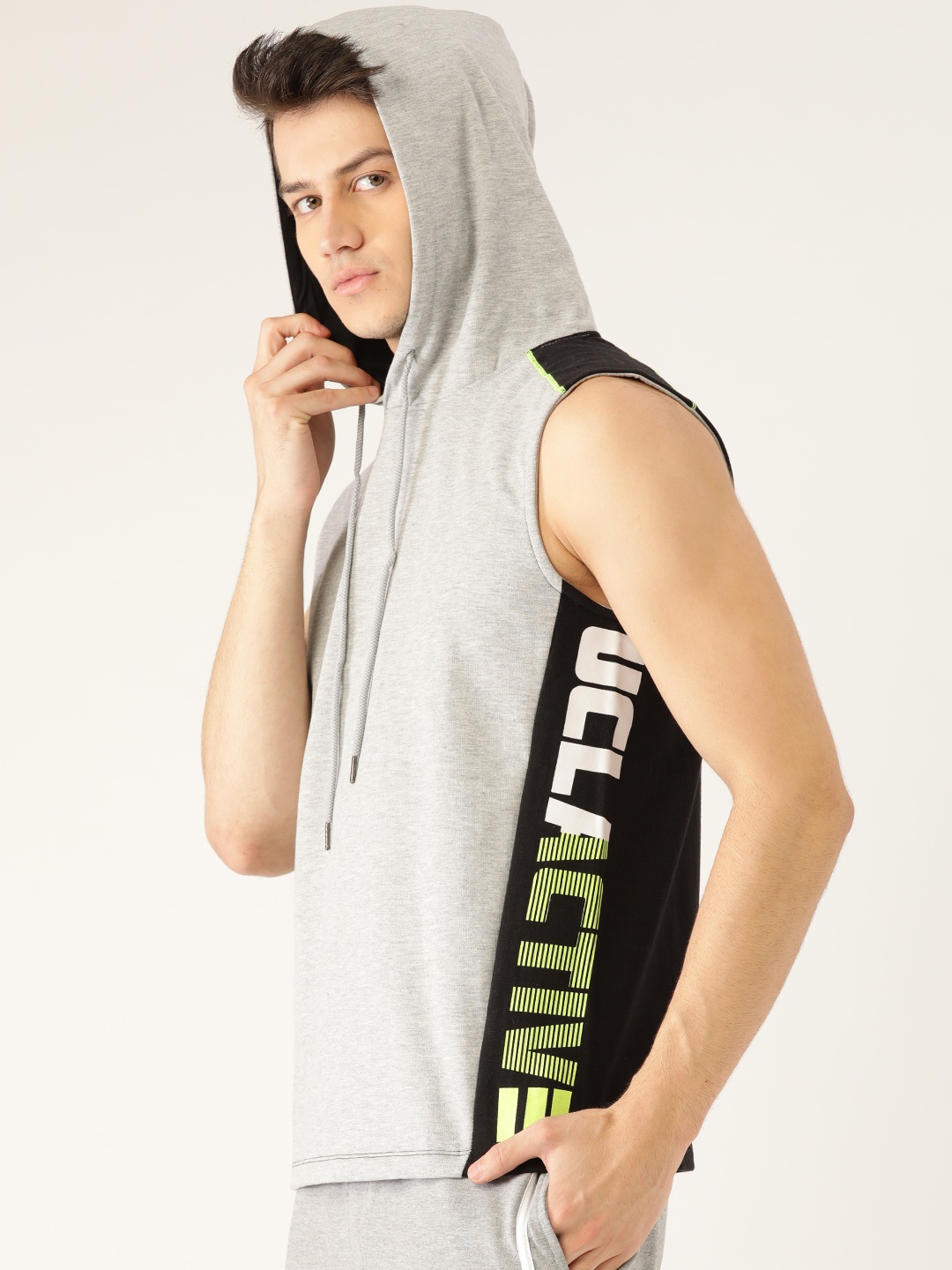 

UCLA Men Grey Melange & Black Placement Print Hooded Sleeveless Sweatshirt