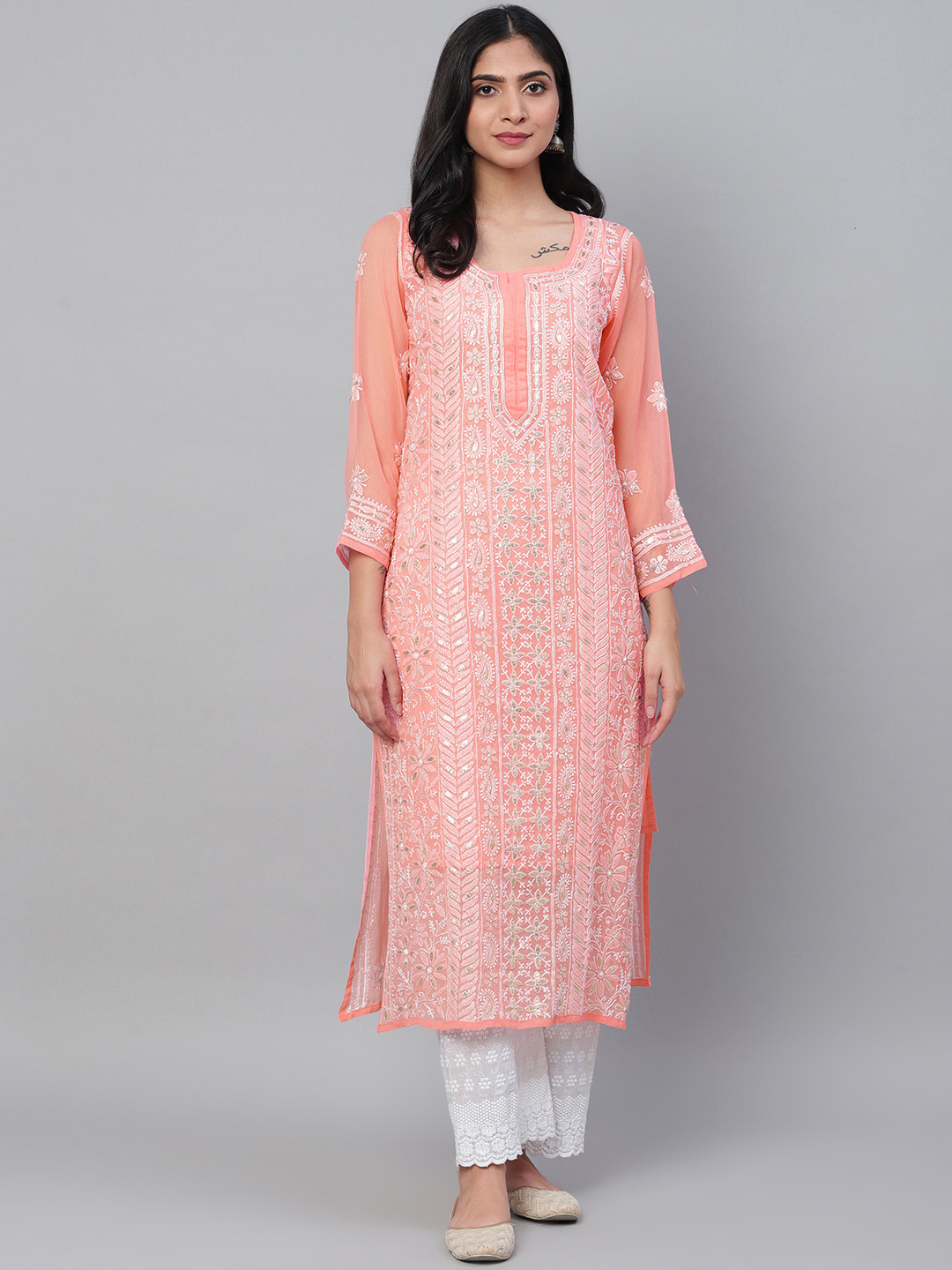 

ADA Women Peach-Coloured & White Chikankari Hand Embroidered Straight Gotta Patti Kurta With Slip