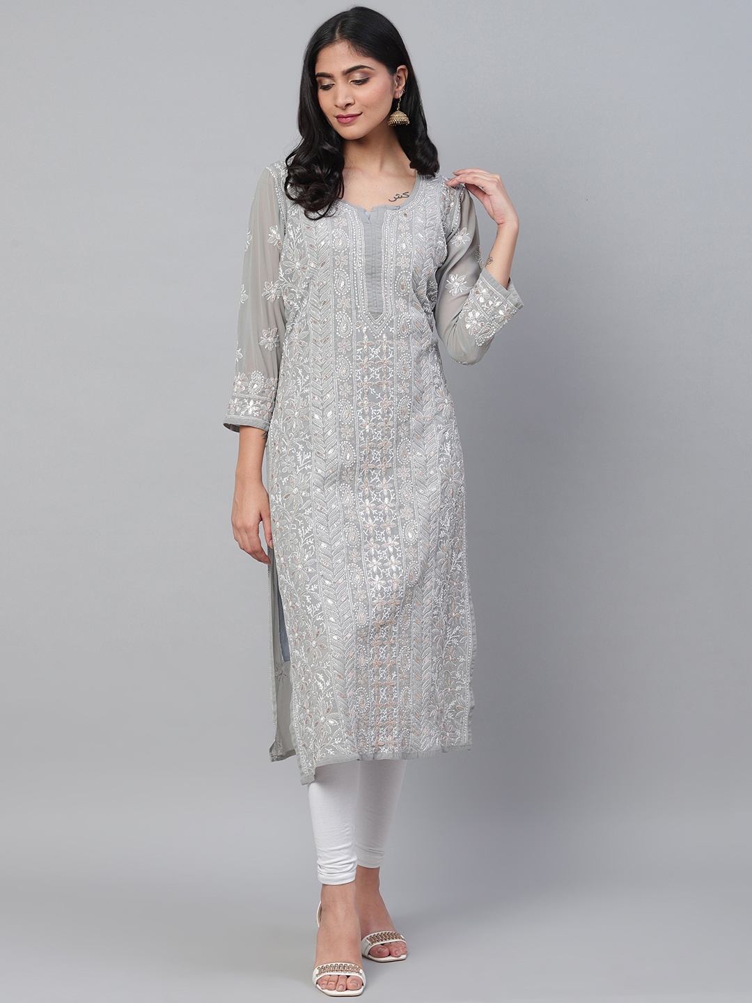 

ADA Women Chikankari Hand Embroidered Straight Sustainable Kurta With Slip, Grey