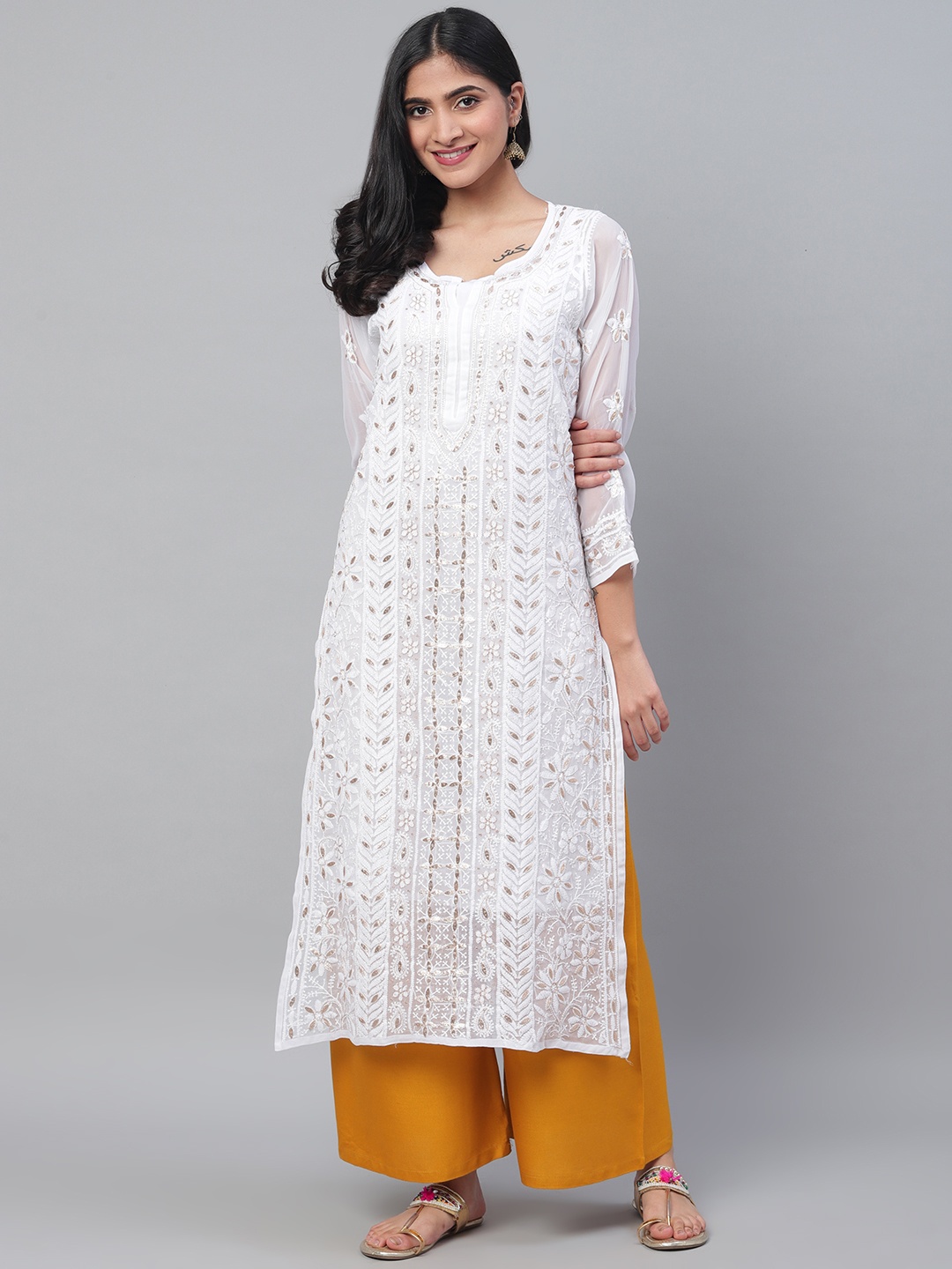 

ADA Women White & Gold-Toned Chikankari Embroidered Sustainable GotaPatti Kurta With Slip