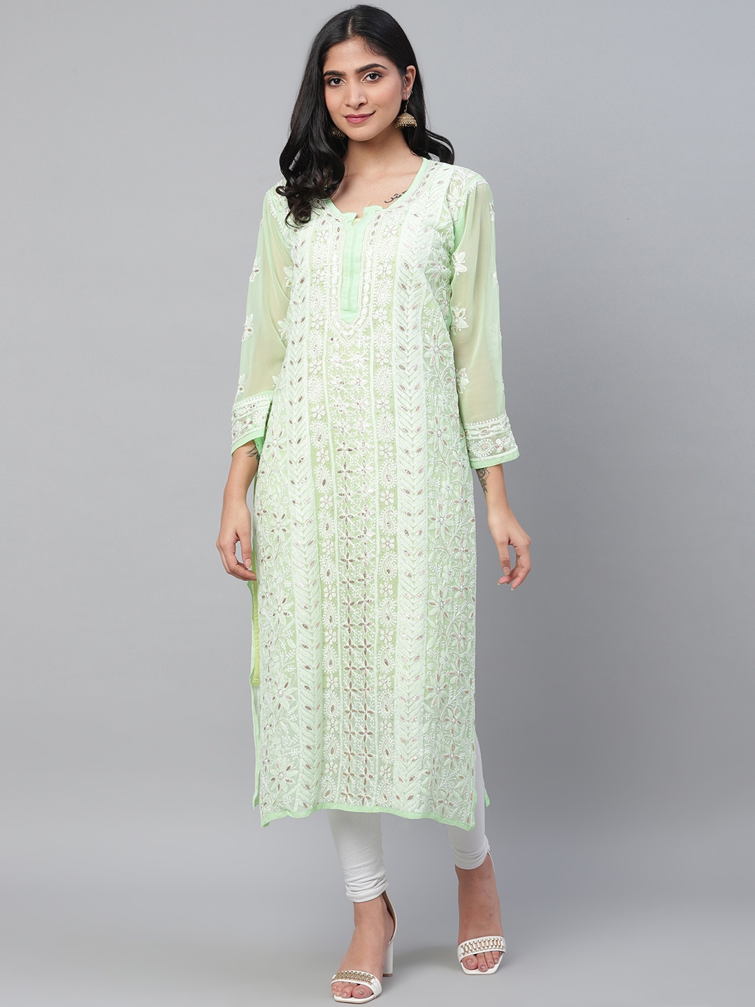 

ADA Women Green & White Chikankari Embroidered Straight Kurta With Slip