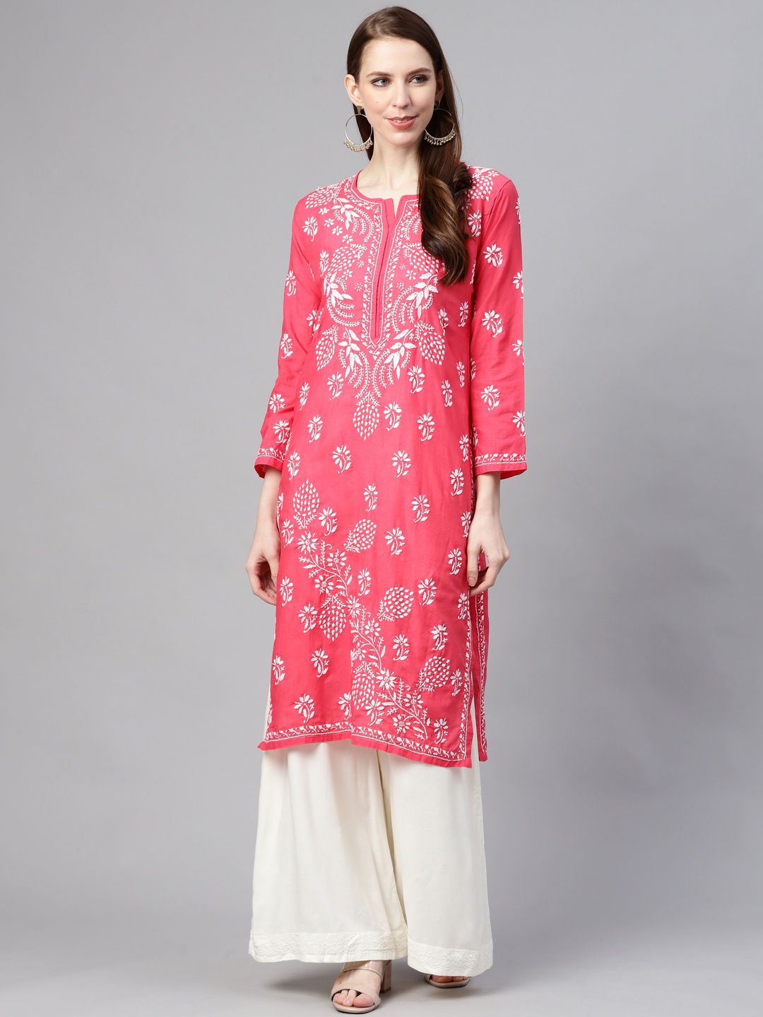 

ADA Women Pink & White Chikankari Hand Embroidered Straight Kurta