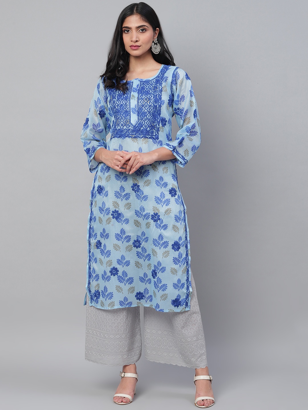 

ADA Women Blue Chikankari Hand Embroidered Straight Sustainable Kota Handloom Kurta