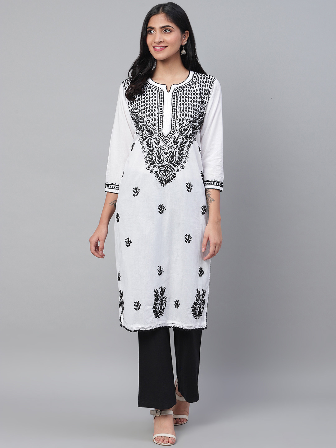 

ADA Women White & Black Chikankari Hand Embroidered Straight Sustainable Handloom Kurta