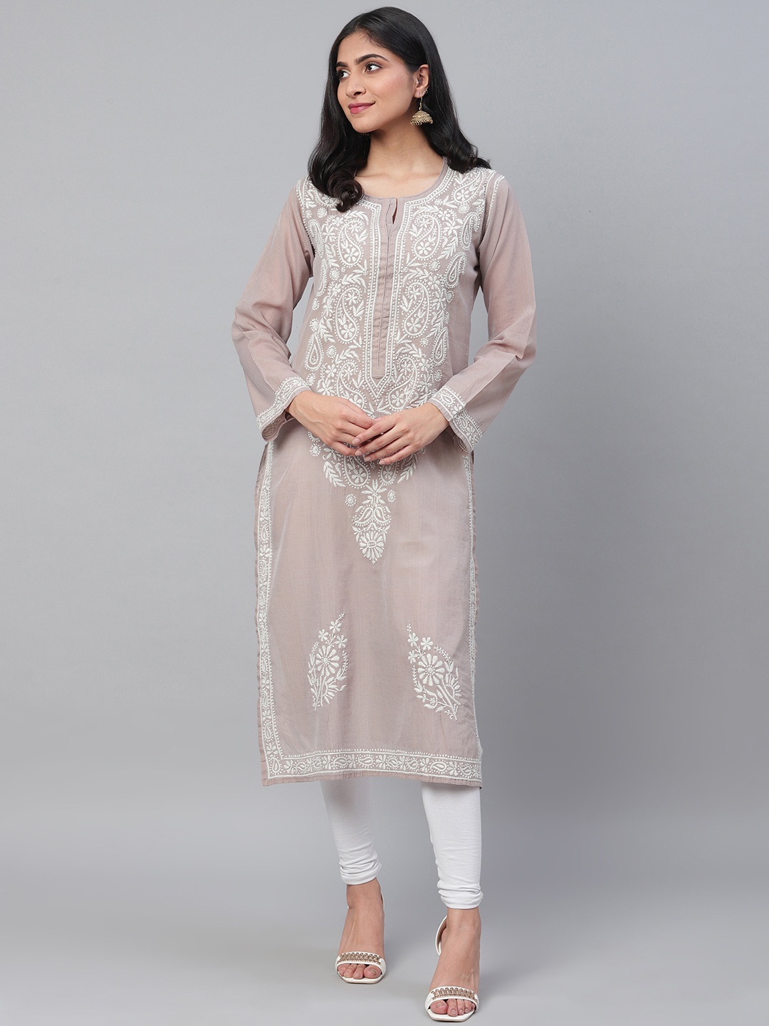 ADA Women Grey & White Chikankari Hand Embroidered Chanderi Straight Kurta
