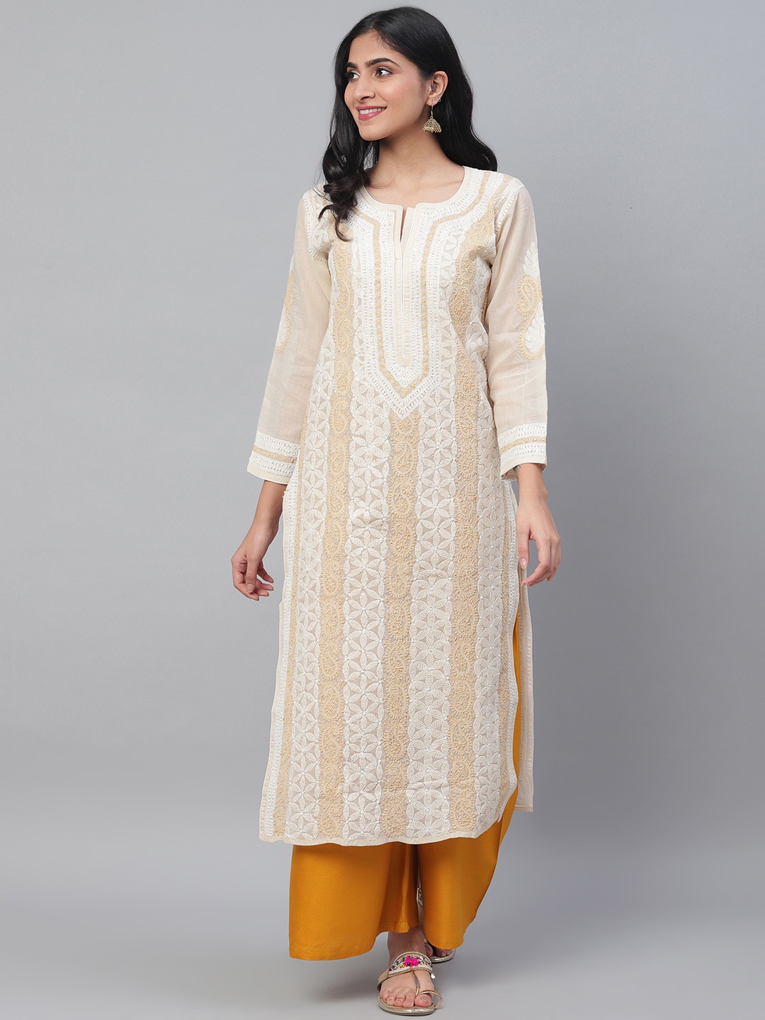

ADA Women Beige & White Chikankari Hand Embroidered Semi-Sheer Straight Sustainable Handloom Kurta