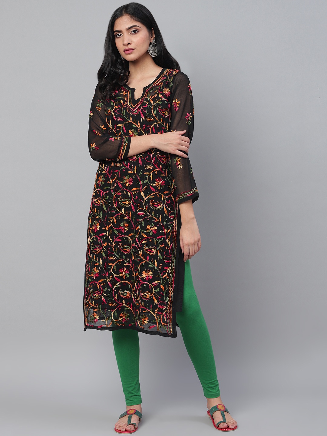 

ADA Women Black & Pink Chikankari Hand Embroidered Semi-Sheer Straight Kurta With Slip