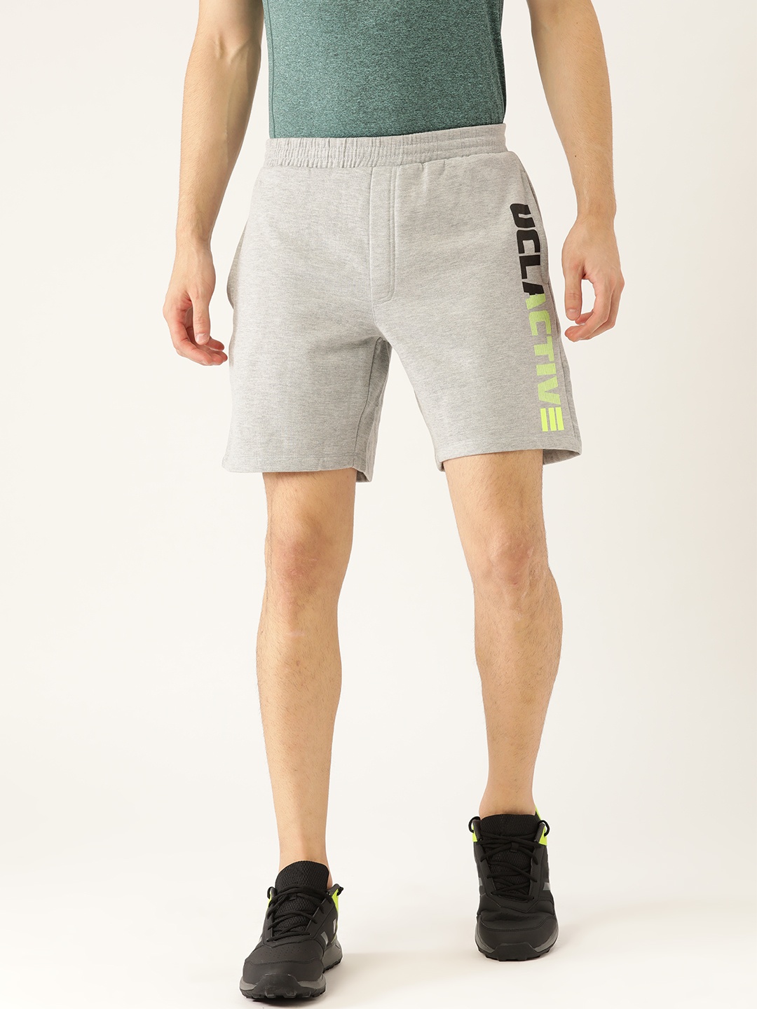 

UCLA Men Grey Melange Brand Logo Print Regular Fit Sports Shorts