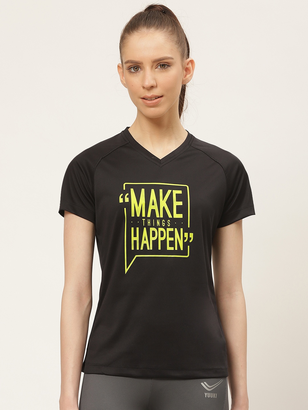 

Yuuki Women Black & Lime Green Printed V-Neck T-shirt