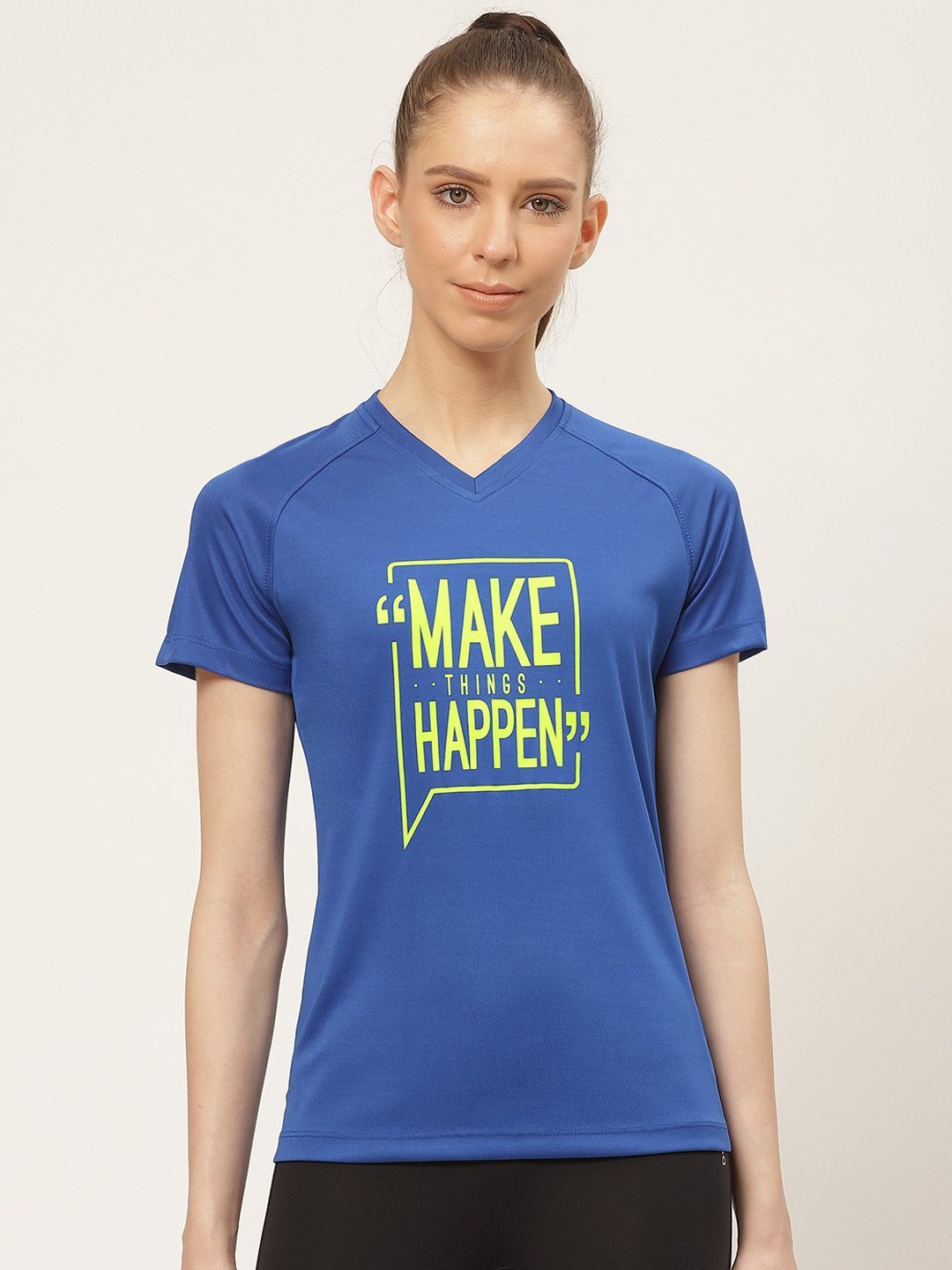 

Yuuki Women Blue & Lime Green Printed V-Neck T-shirt