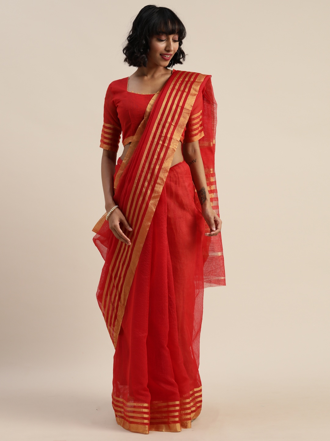 

Silk Bazar Red & Gold-Toned Cotton Blend Dyed Kota Saree