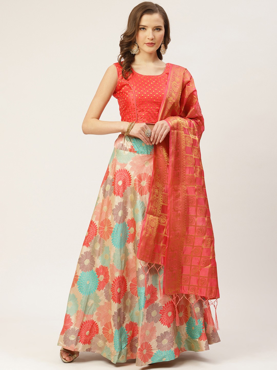 

Shaily Beige & Pink Woven Design Semi-Stitched Lehenga & Blouse with Dupatta