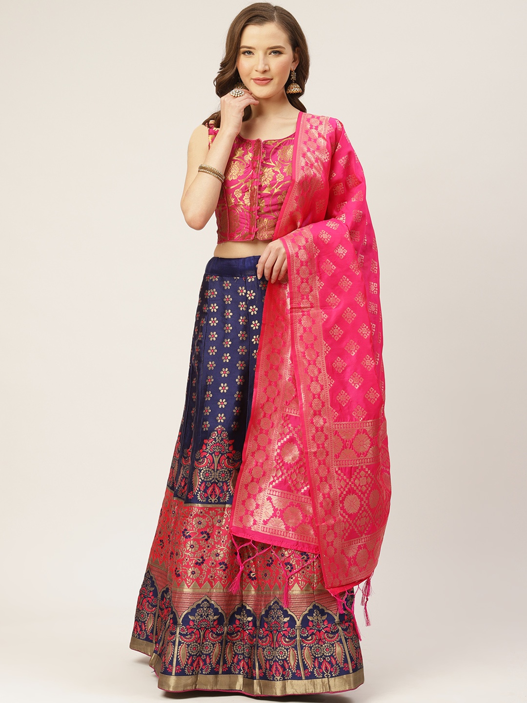 

Shaily Pink & Navy Blue Woven Design Semi-Stitched Lehenga & Blouse with Dupatta