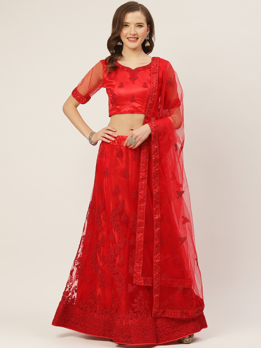 

Shaily Red Embroidered Semi-Stitched Net Lehenga & Blouse with Dupatta