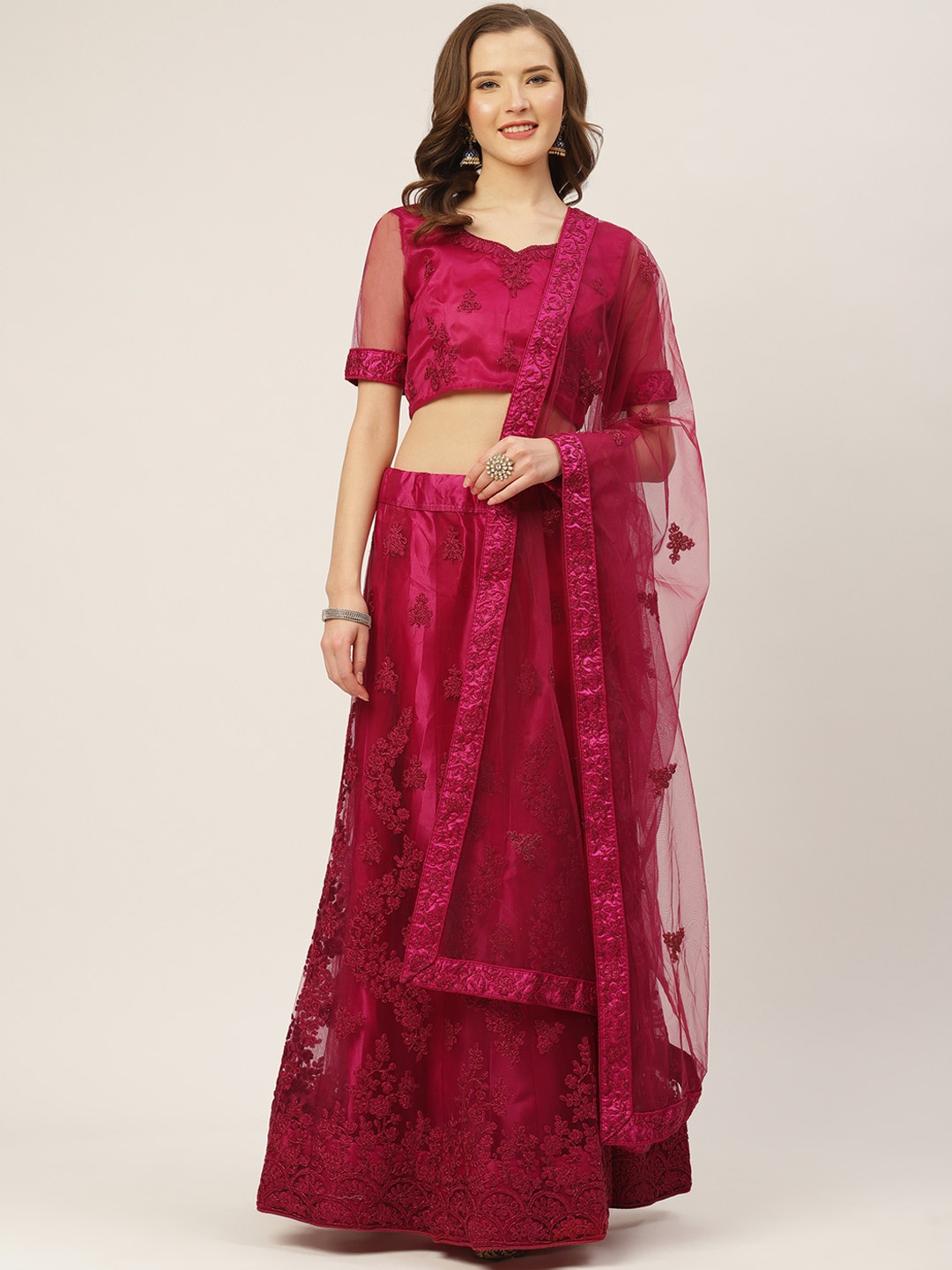 

Shaily Magenta Embroidered Semi-Stitched Lehenga & Blouse with Dupatta