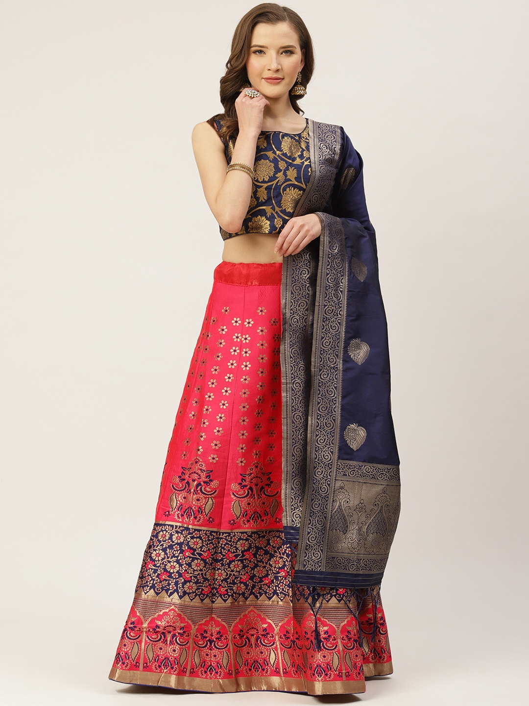 

Shaily Pink & Navy Blue Zari Woven Design Semi-Stitched Lehenga & Blouse with Dupatta