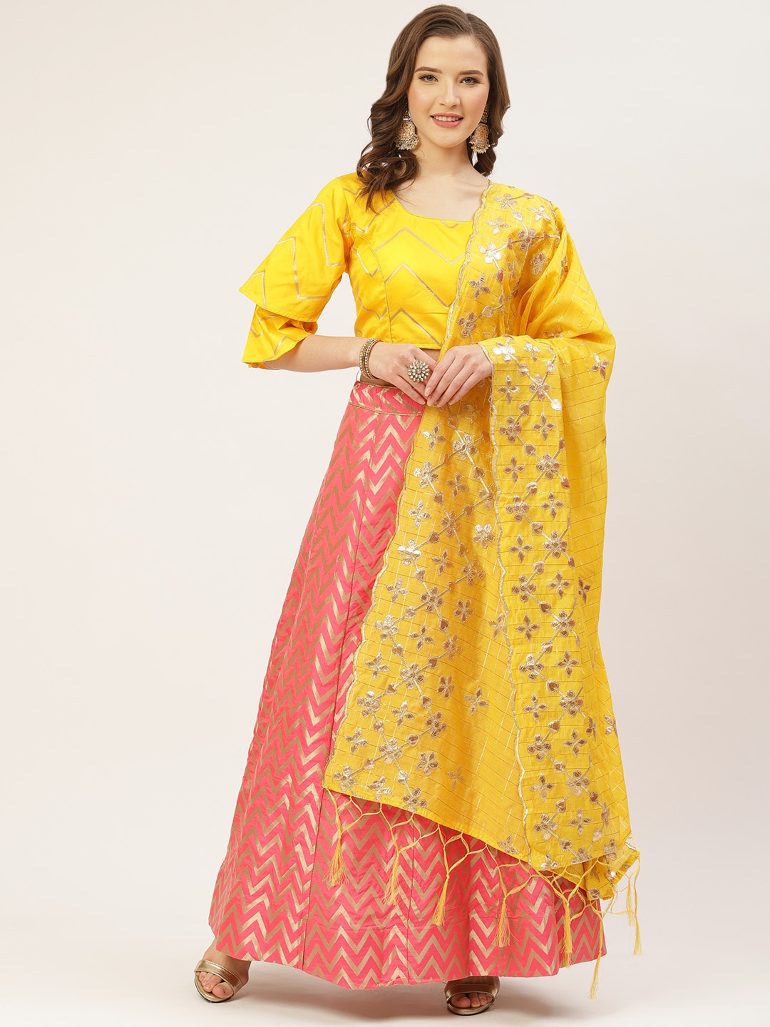 

Shaily Pink & Yellow Zari Woven Design Semi-Stitched Lehenga & Blouse with Dupatta