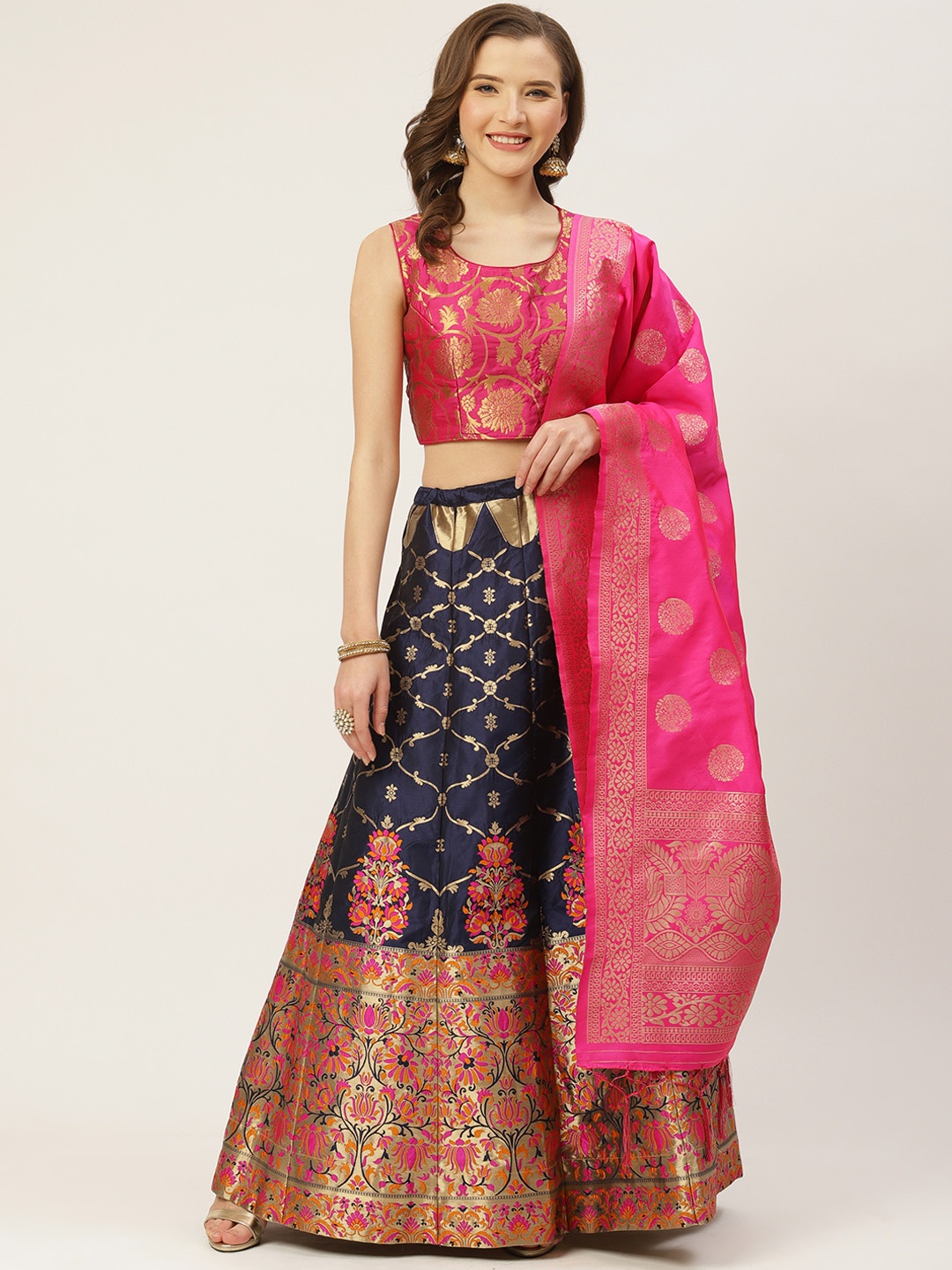 

Shaily Navy Blue & Pink Zari Woven Design Semi-Stitched Lehenga & Blouse with Dupatta