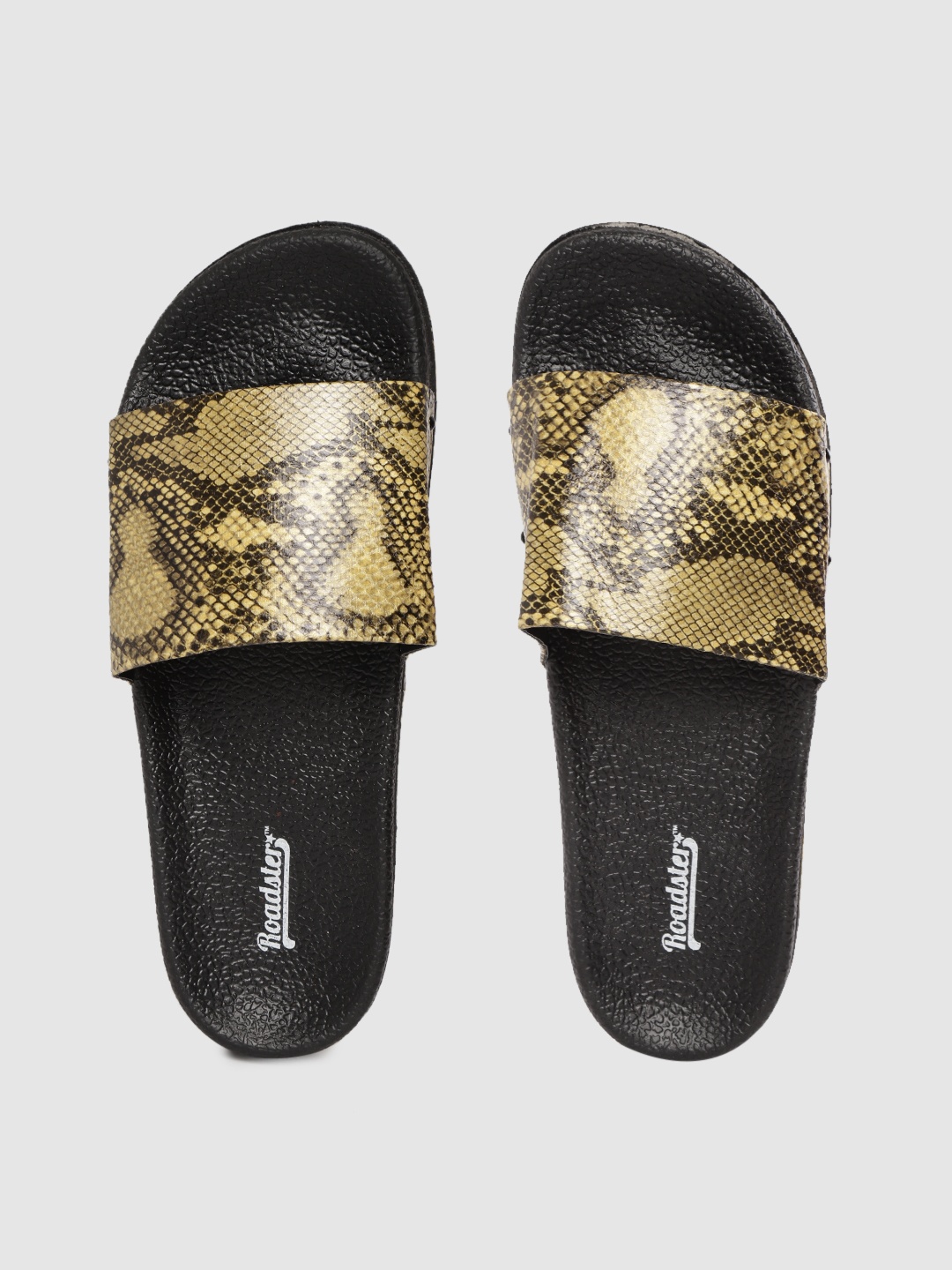 

Roadster Women Mustard Yellow & Black Snakeskin Print Sliders