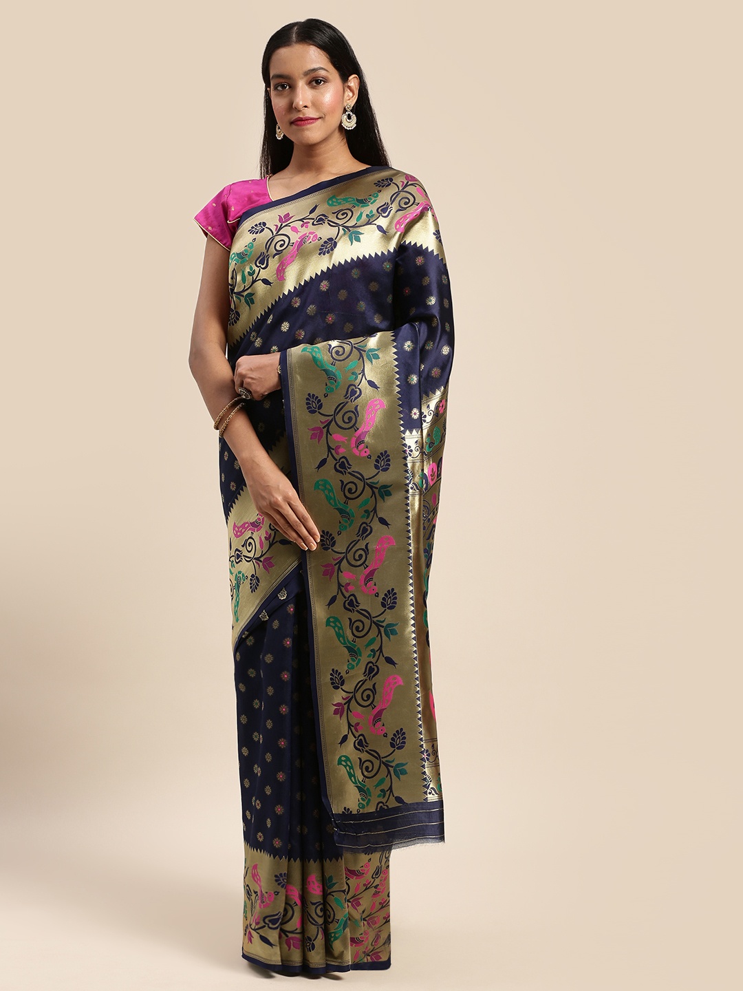 

Mitera Navy Blue & Gold-Toned Art Silk Woven Design Banarasi Saree