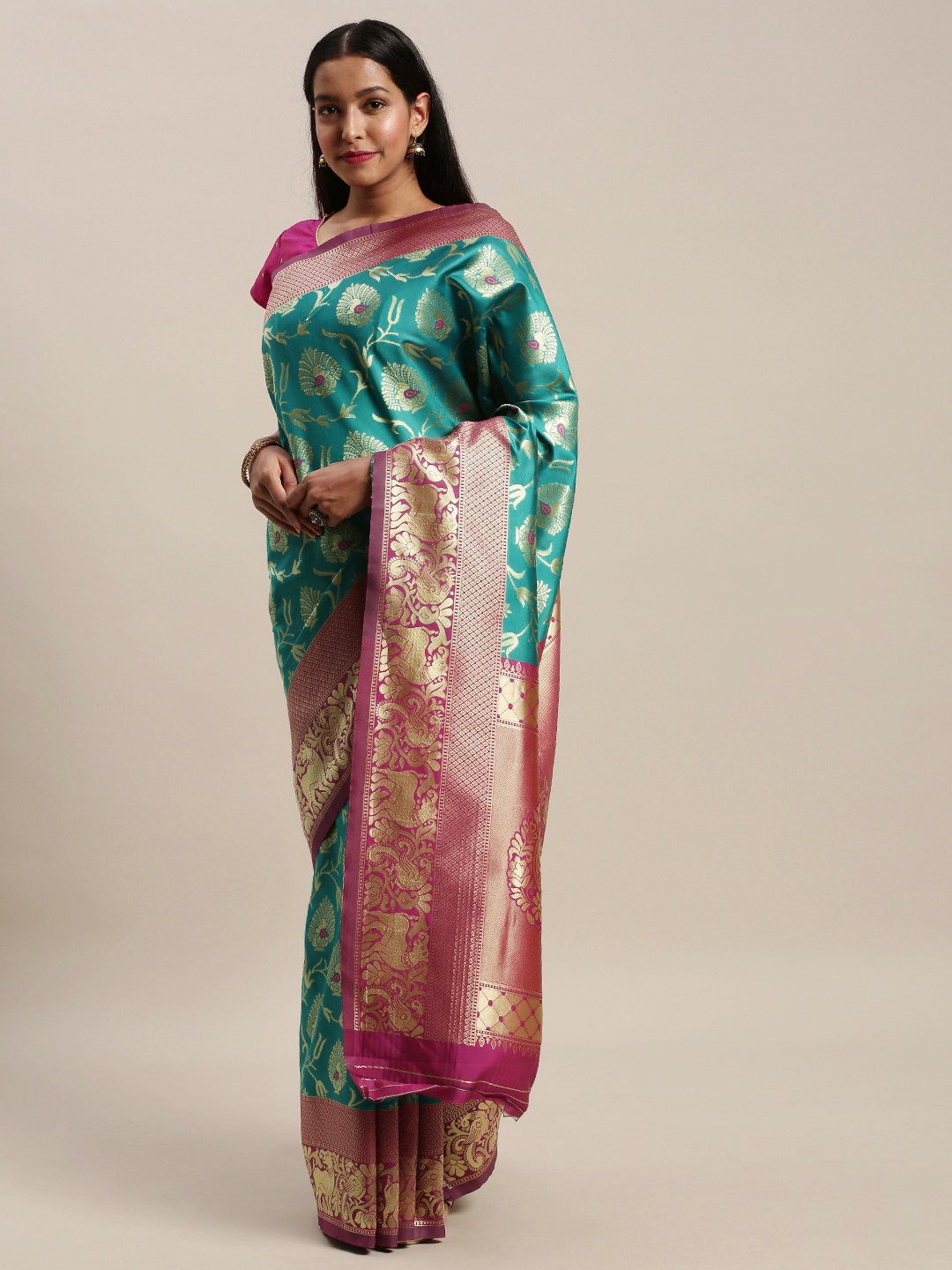 

Mitera Turquoise Blue & Pink Art Silk Woven Design Banarasi Saree