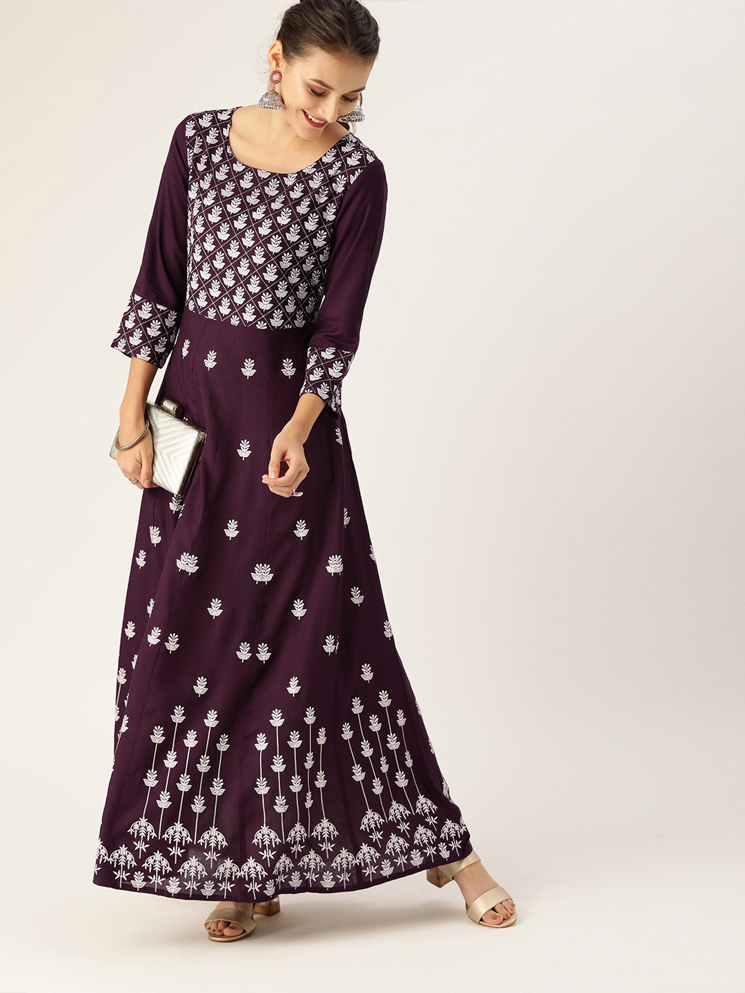 

Varanga Women Burgundy & White Printed Anarkali Kurta