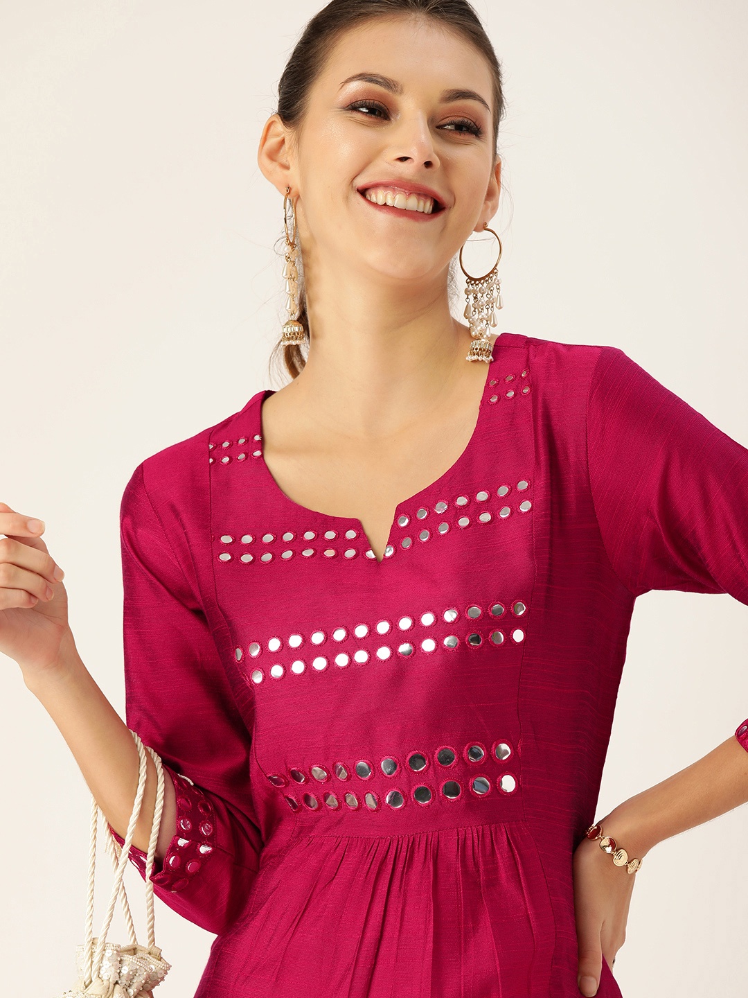 

Varanga Women Magenta Mirror Work Pleated A-Line Kurta