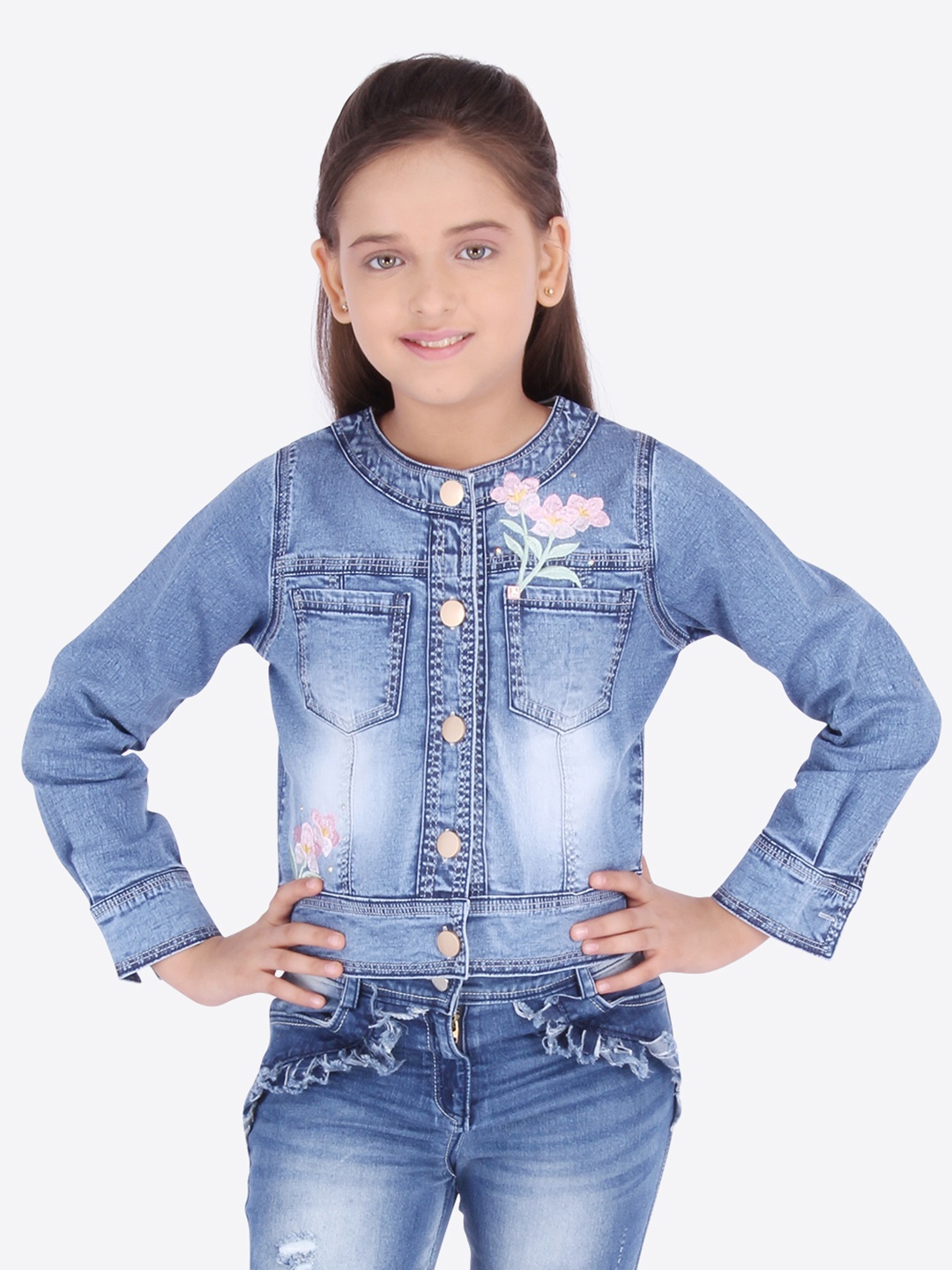 

CUTECUMBER Girls Blue Self Design Denim Jacket