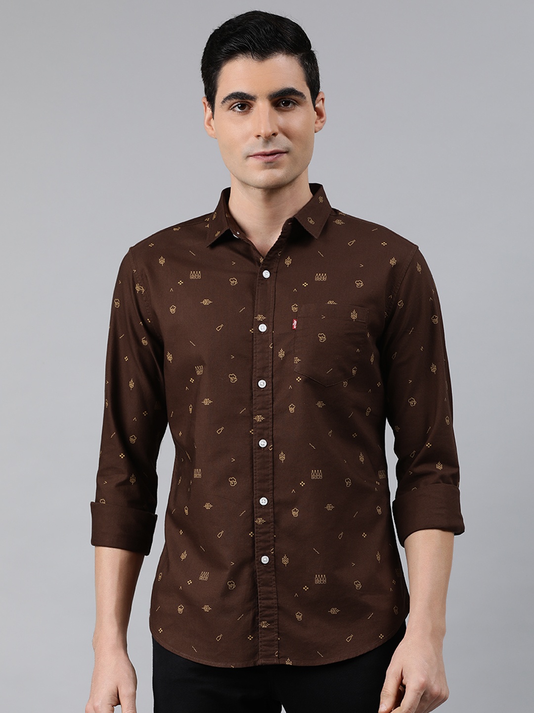 

Levis Men Coffee Brown & Mustard Yellow Slim Fit Printed Casual Shirt
