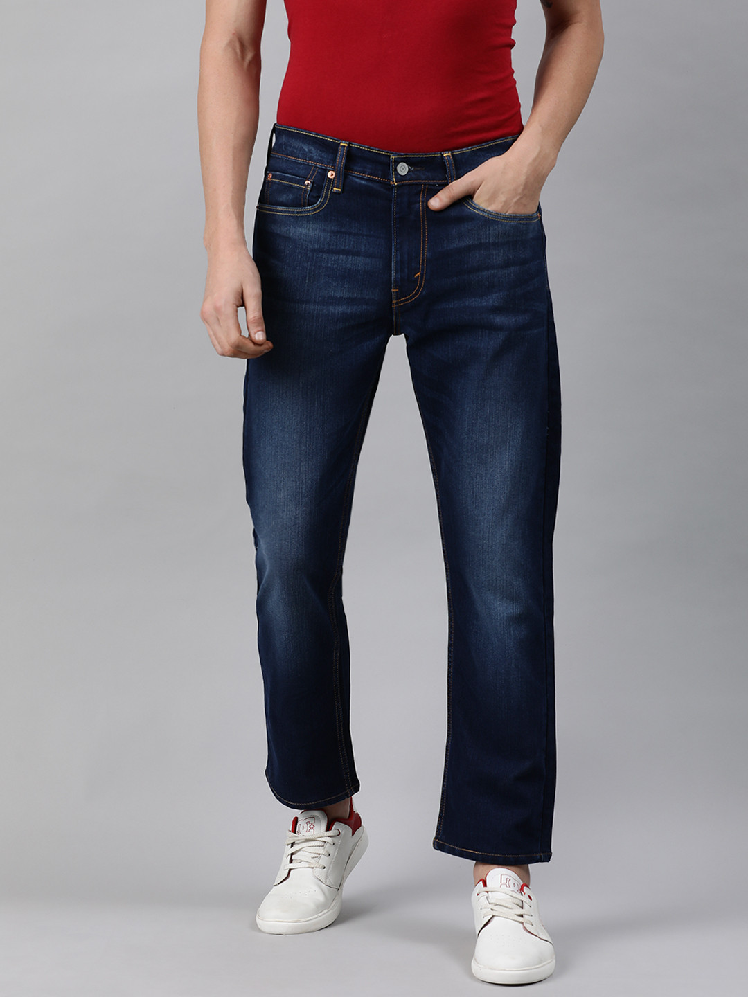 

Levis Men Blue 513 Slim Straight Fit Mid-Rise Clean Look Cropped Jeans