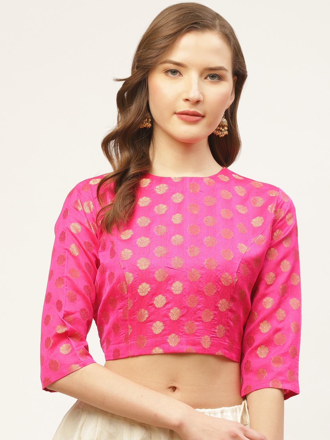 

tantkatha Women Pink & Golden Jacquard Woven Design Saree Blouse