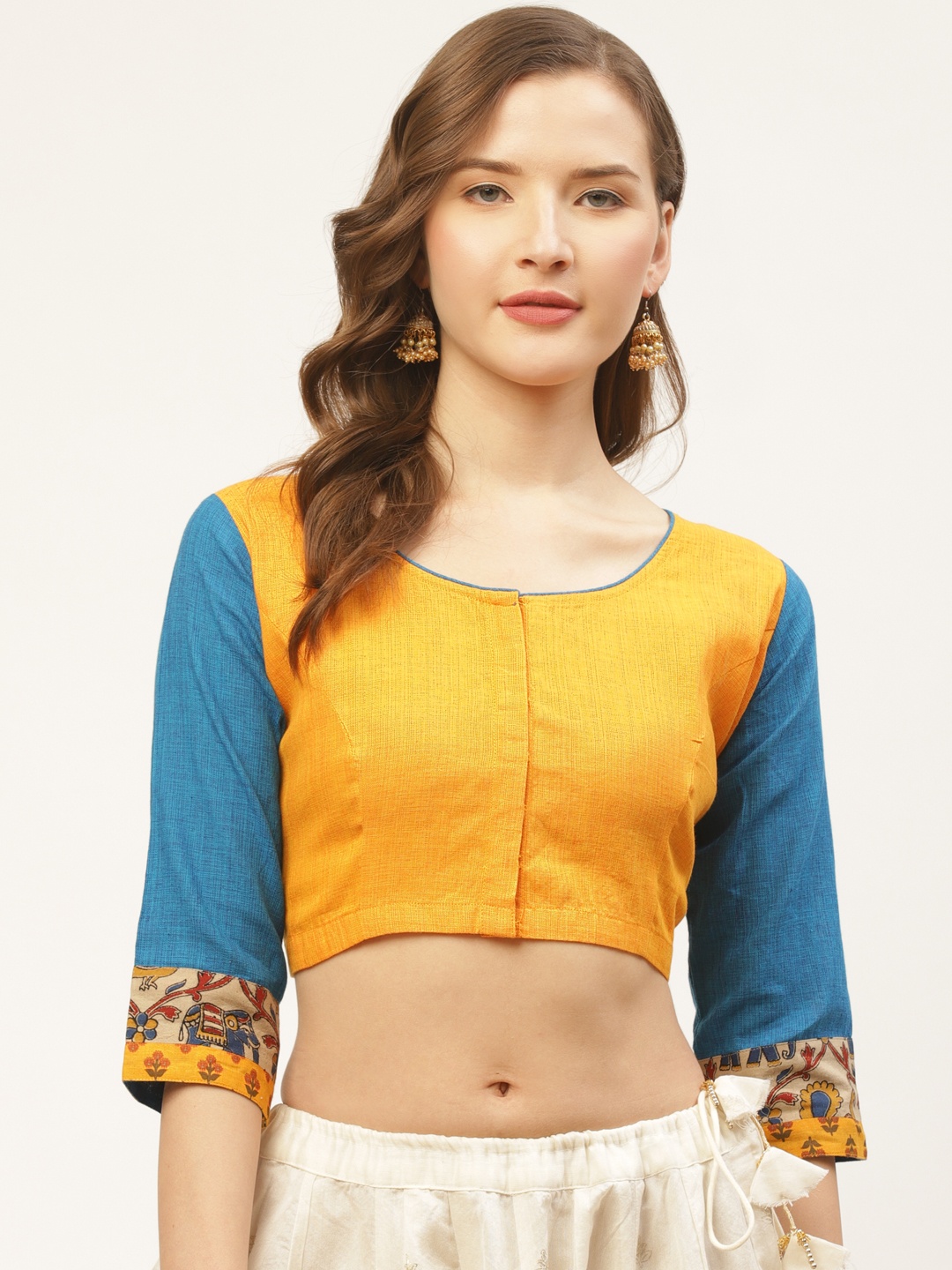 

tantkatha Women Yellow & Blue Ikkat Panelled Saree Blouse