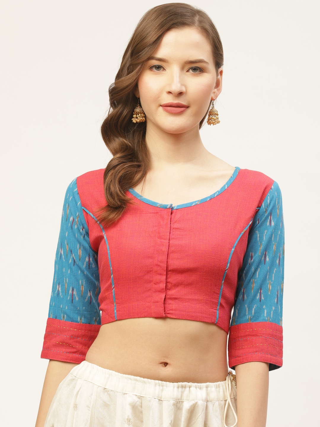 

tantkatha Women Pink & Blue Hand-Kanthawork Saree Blouse