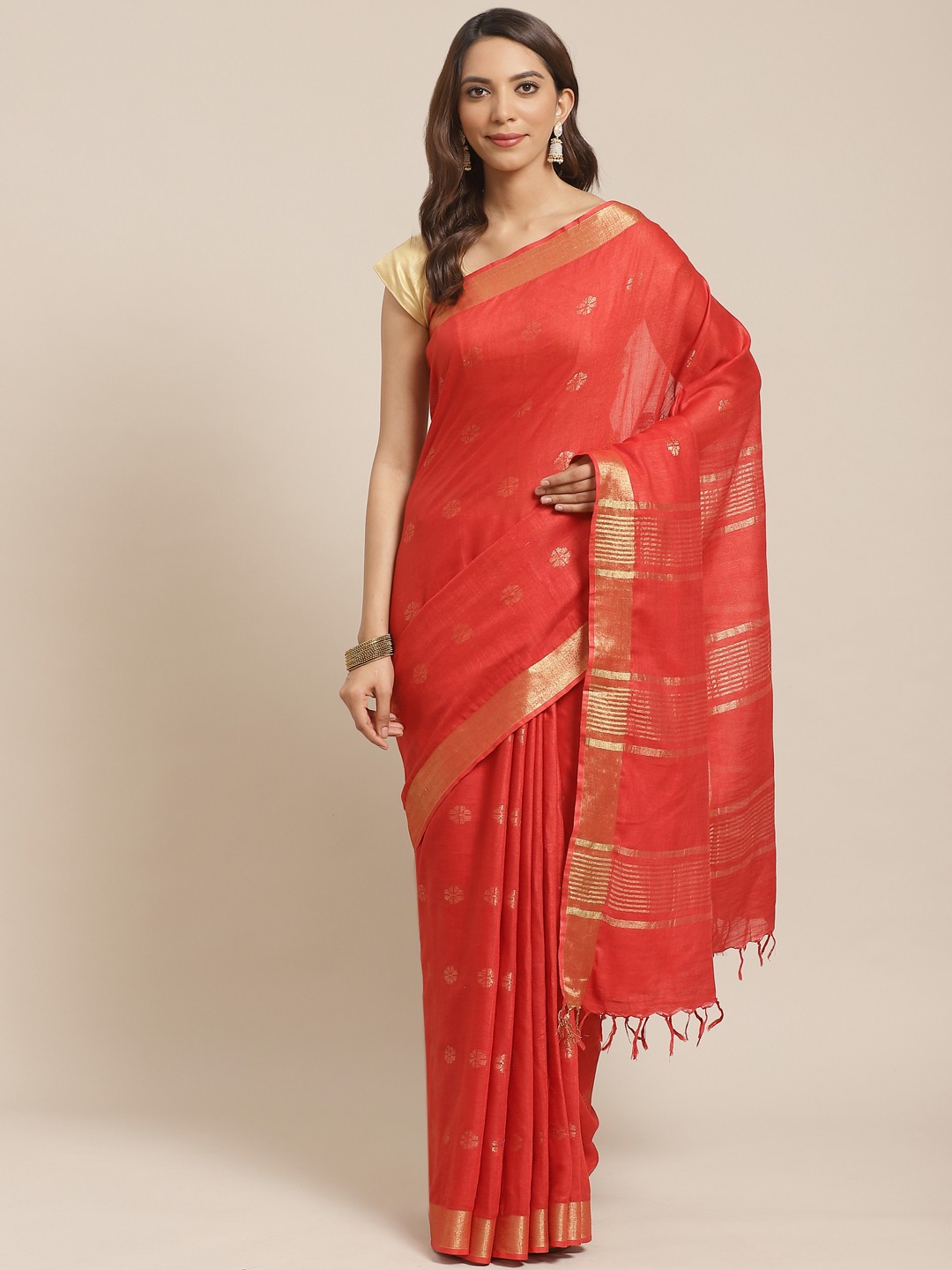 

swatika Orange & Golden Zari Woven Design Handloom Bhagalpuri Saree