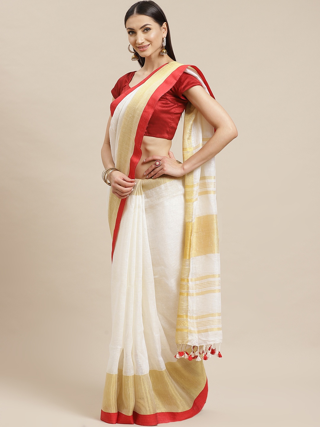 

swatika Off-White & Golden Pure Linen Solid Handloom Bhagalpuri Saree