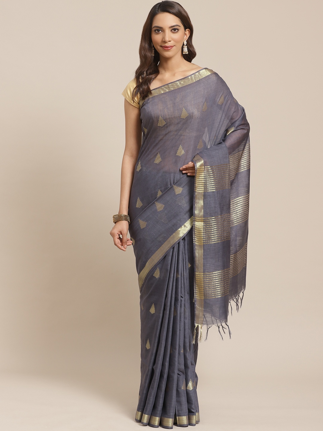 

swatika Charcoal Grey & Golden Zari Woven Design Handloom Bhagalpuri Saree