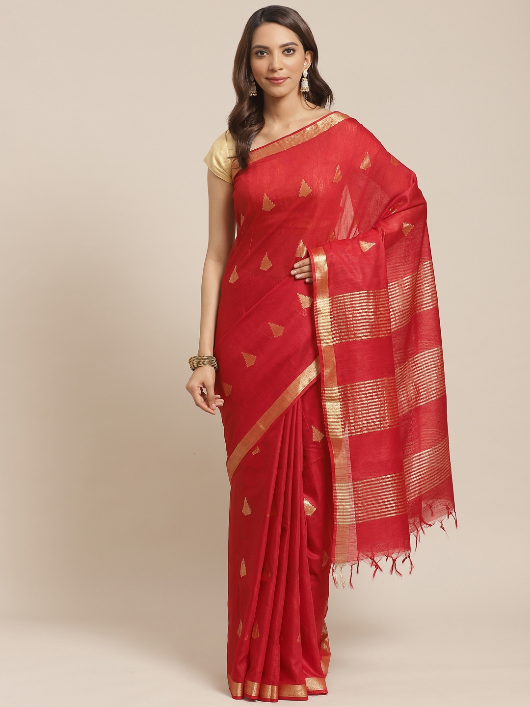 

swatika Red & Golden Zari Woven Design Handloom Bhagalpuri Saree