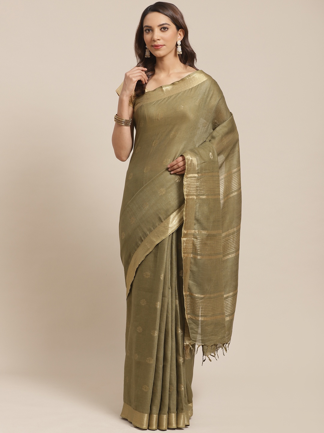

swatika Olive Green & Golden Zari Woven Design Handloom Bhagalpuri Saree