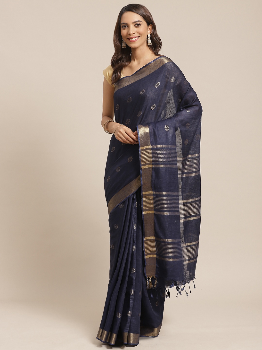 

swatika Navy Blue & Golden Handloom Zari Woven Design Bhagalpuri Saree