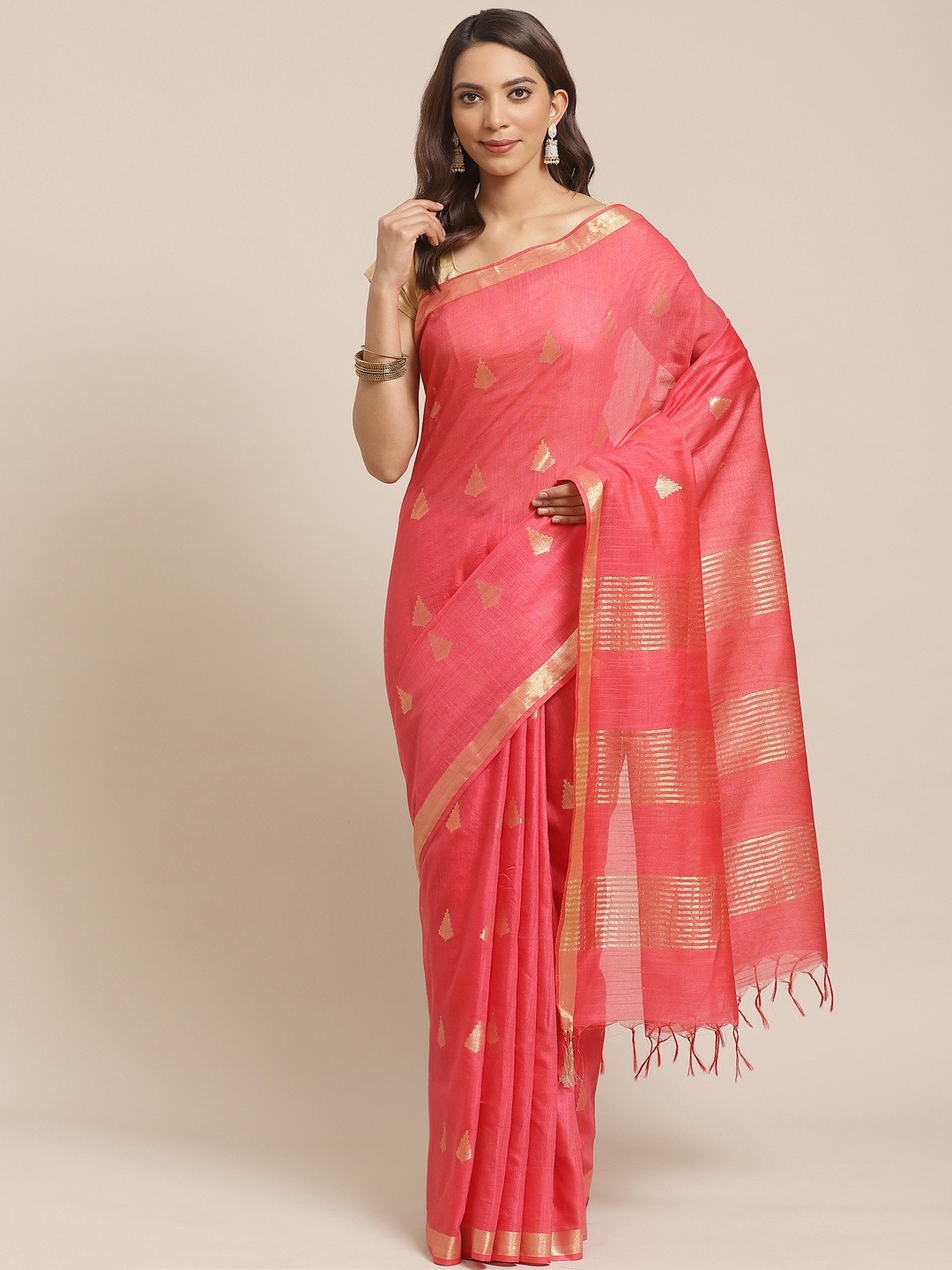 

swatika Pink & Golden Zari Woven Design Handlooom Bhagalpuri Saree