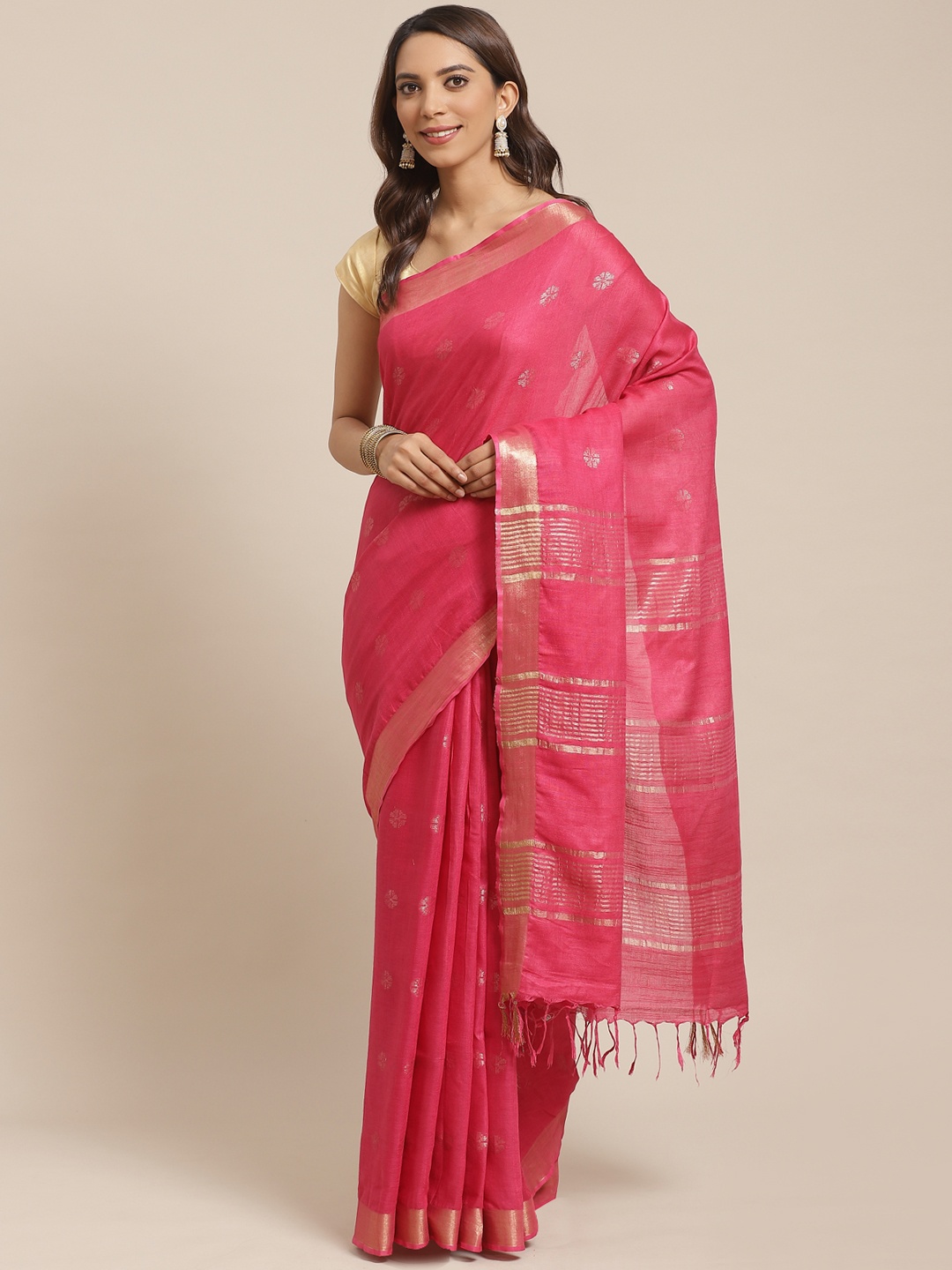 

swatika Pink & Golden Woven Design Handloom Bhagalpuri Saree