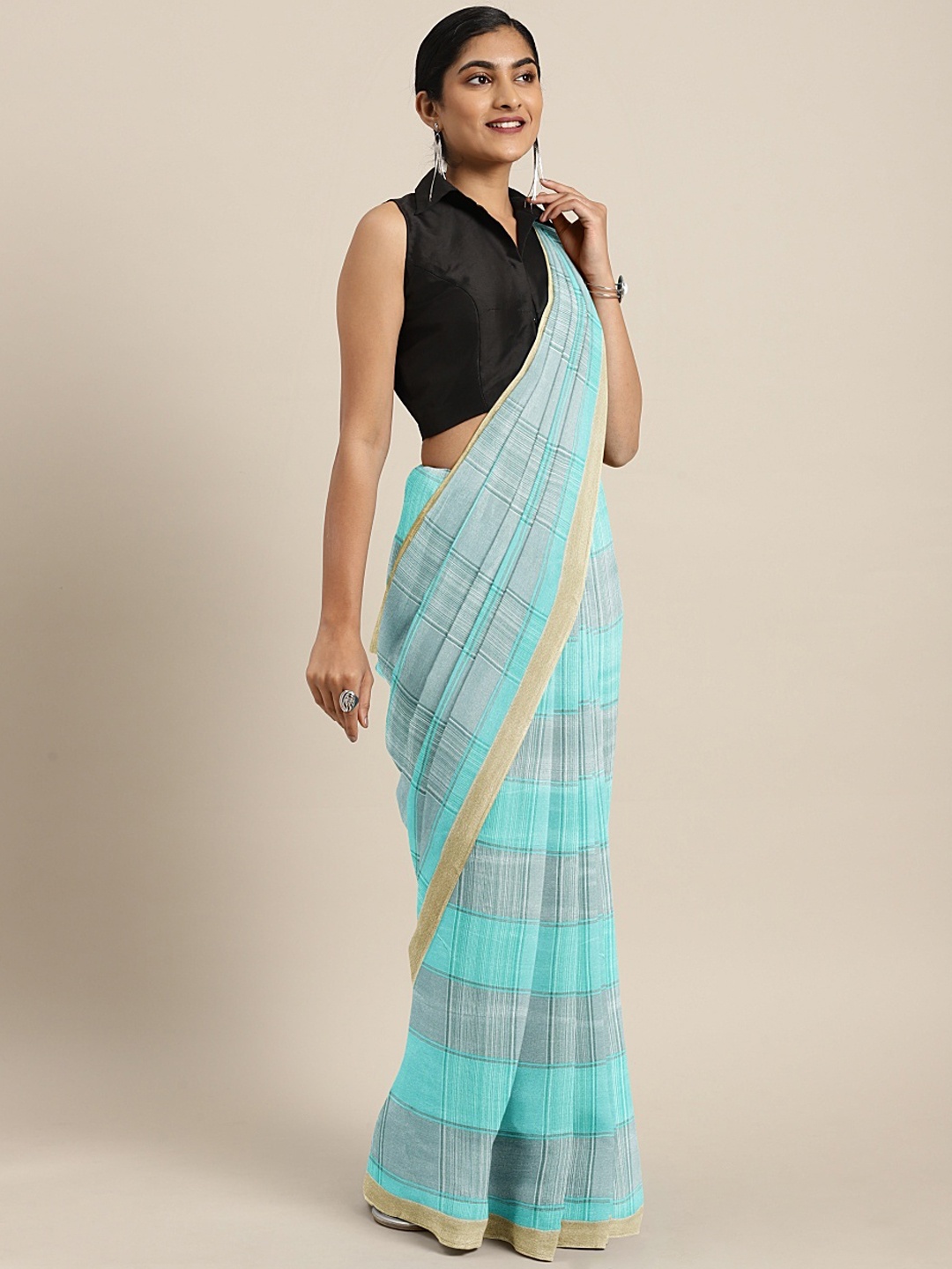 

KALINI Turquoise Blue & Grey Silk Blend Checked Tussar Saree