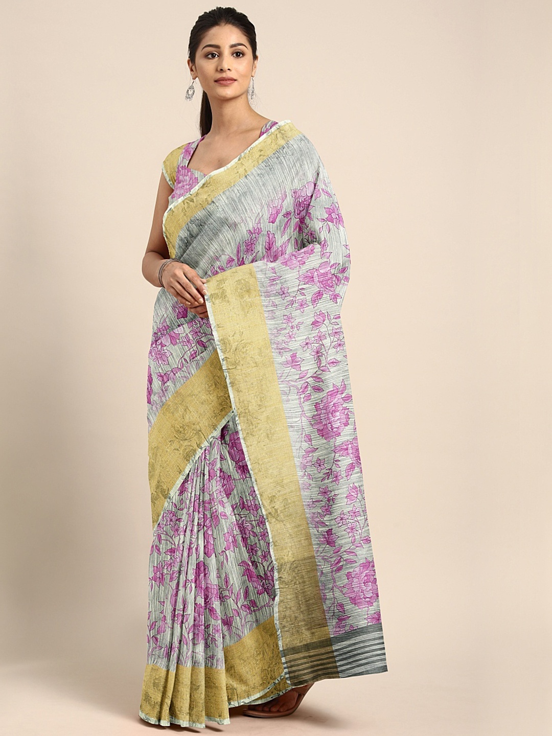 

KALINI Grey & Pink Linen Blend Digital Floral Printed Pochampally Celebrity Saree