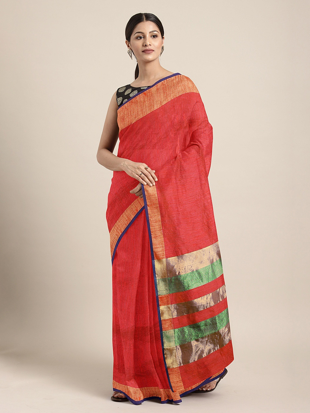 

KALINI Red Cotton Blend Solid Kanjeevaram Saree