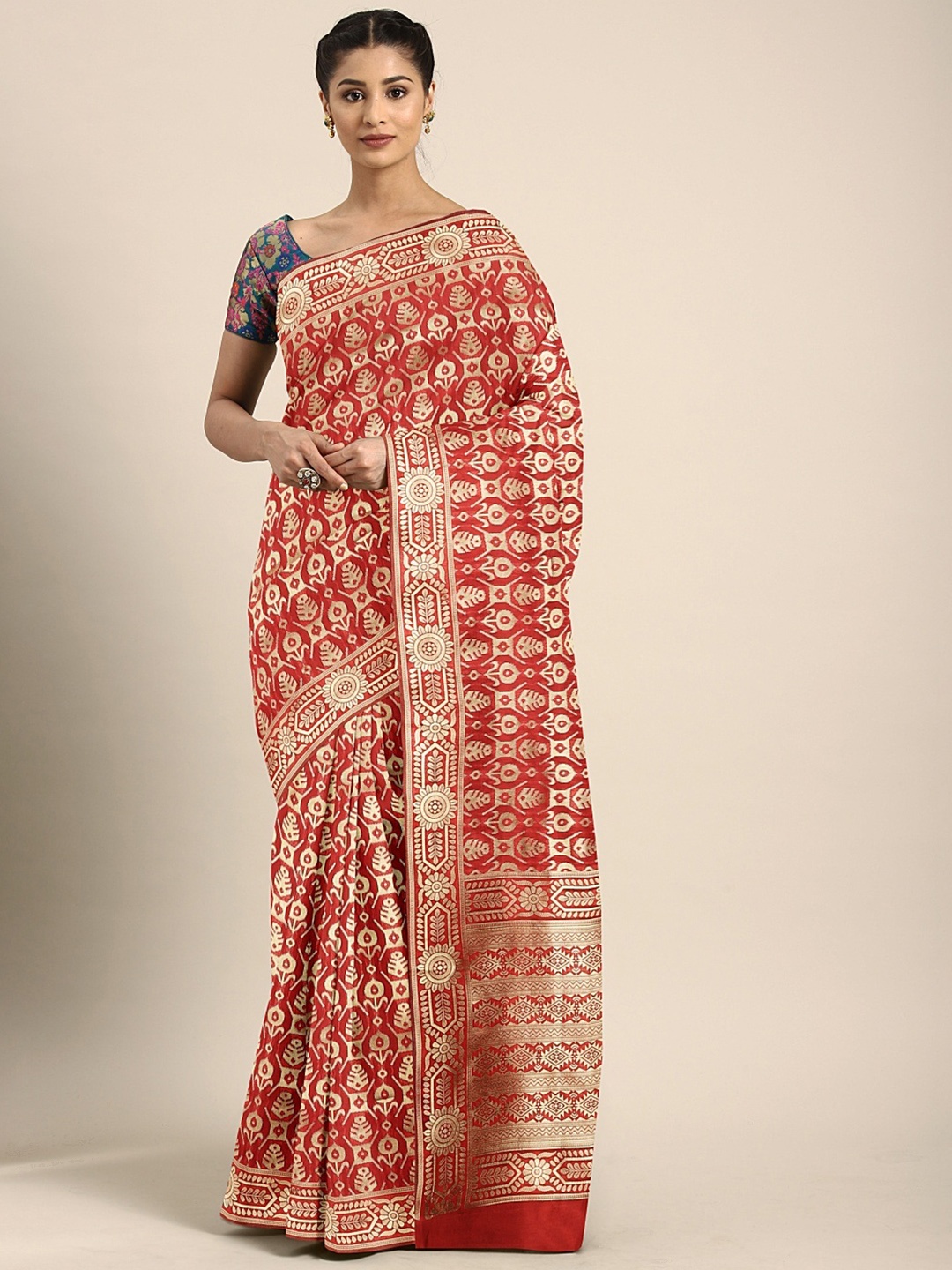 

KALINI Maroon & Golden Silk Blend Woven Design Kanjeevaram Saree