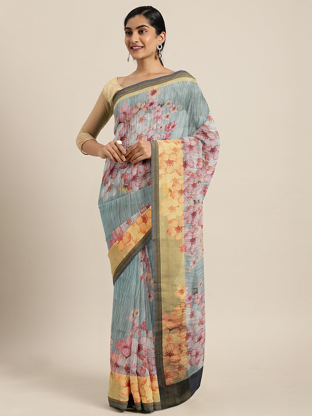

KALINI Grey & Pink Linen Blend Printed Pochampally Saree