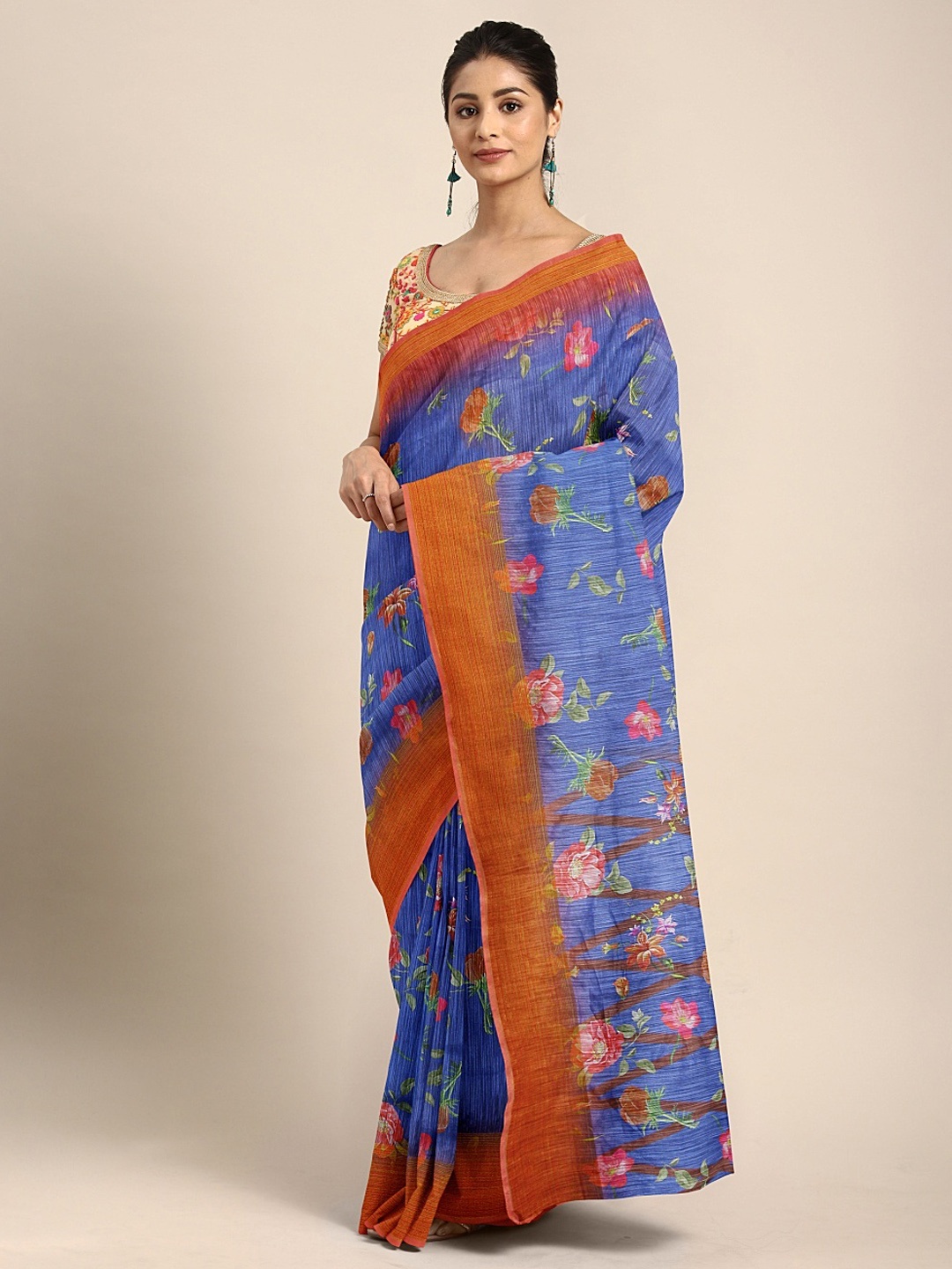 

KALINI Navy Blue & Brown Linen Blend Printed Pochampally Saree